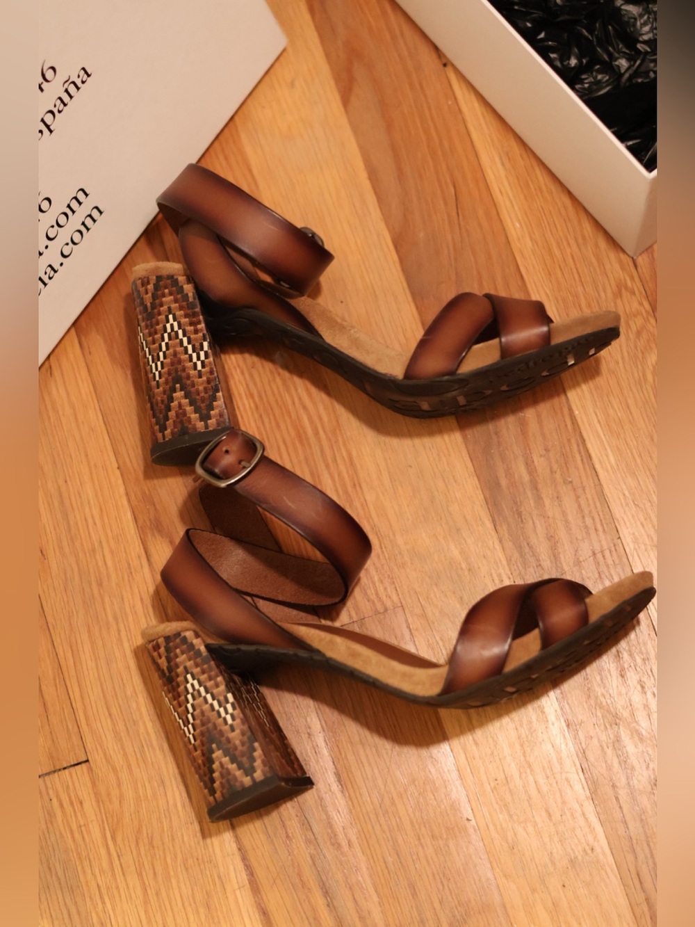 Pedro Garcia Brown Leather Strappy Block Chevron Heel Sandals with Box